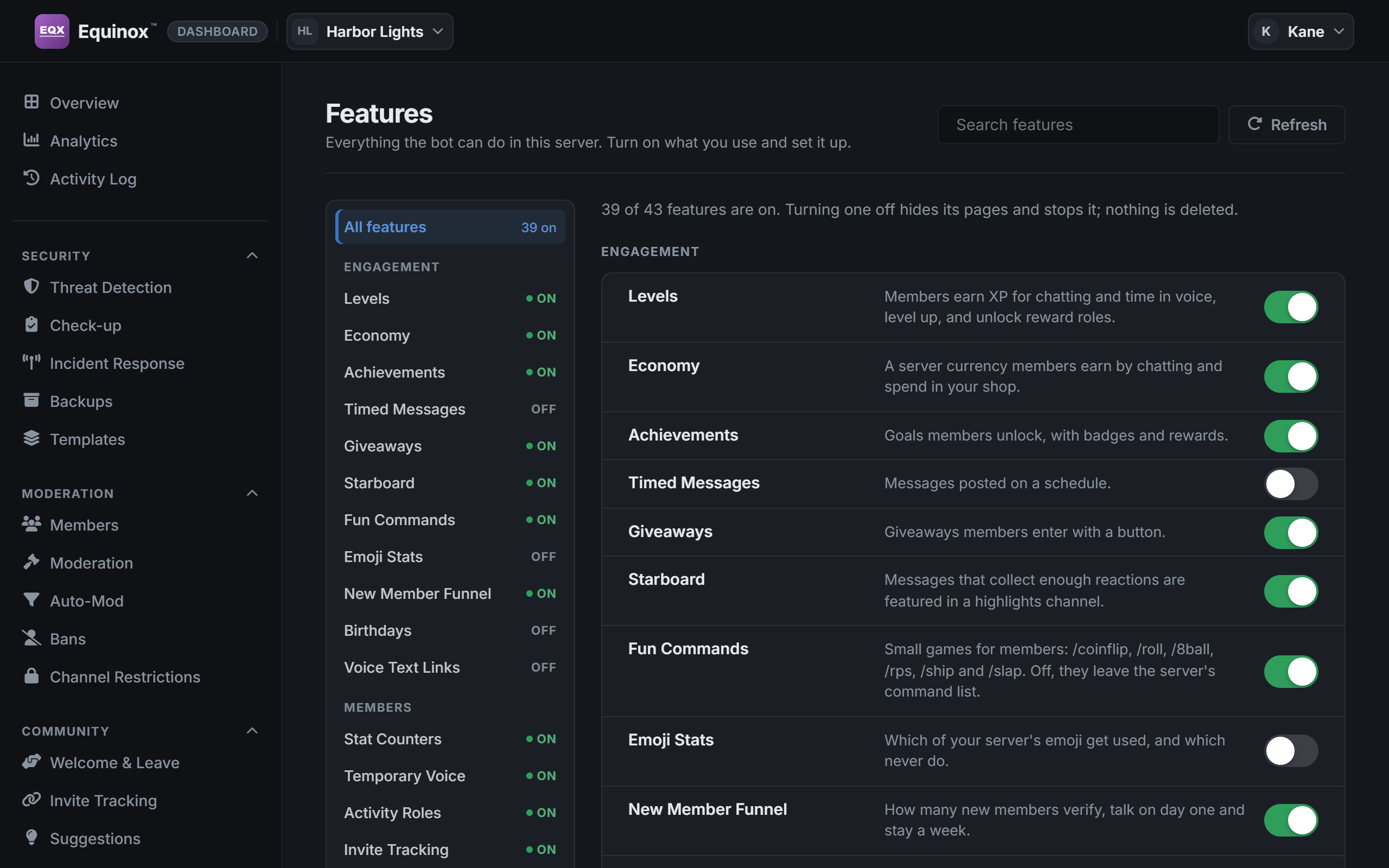 The Features page of the dashboard.