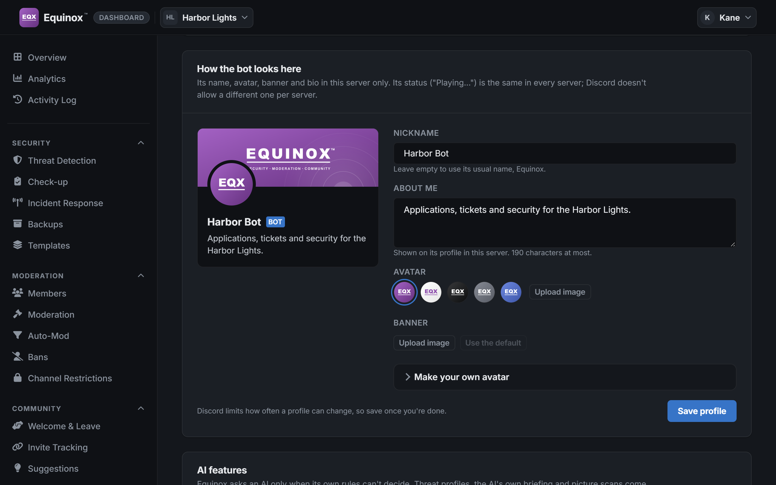 The Settings page of the dashboard, at the card that sets how the bot looks in one server.
