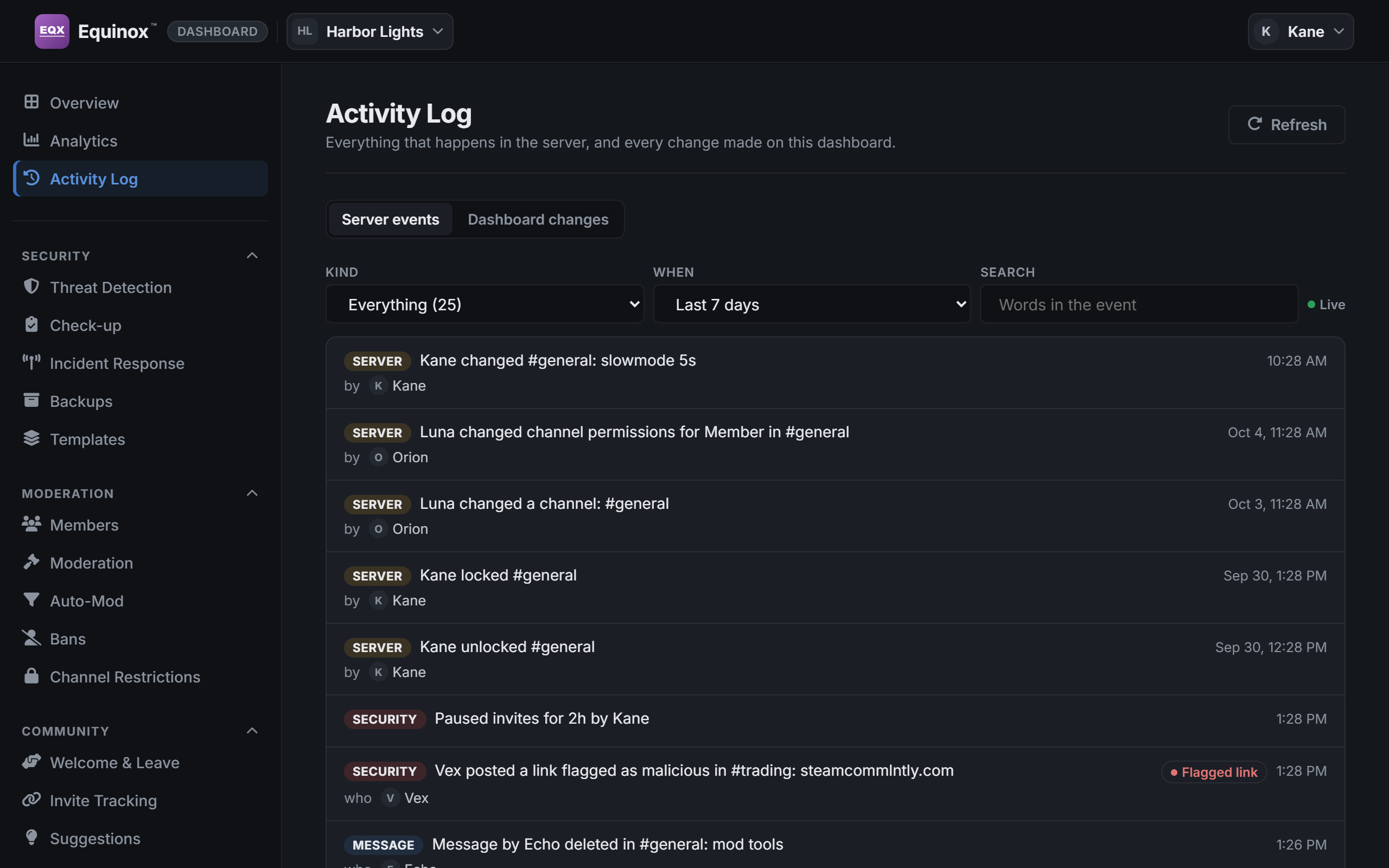 The Activity Log page of the dashboard.
